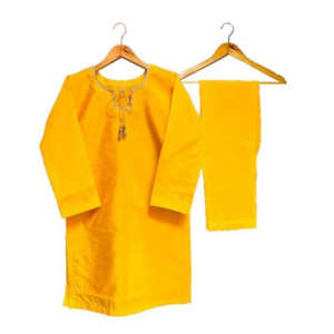 2 Piece Women Suits Solid Yellow Color In Raw Silk Fabric