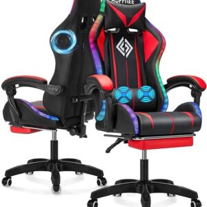 RGB Gaming Chair with Bluetooth Speakers, High Back Music and LED Lights with Lumbar Support Red and Black