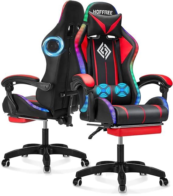 RGB Gaming Chair with Bluetooth Speakers, High Back Music and LED Lights with Lumbar Support Red and Black